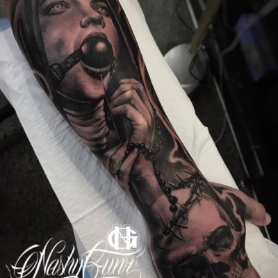 Nun and skull tattoo in black and grey realism by Nashy